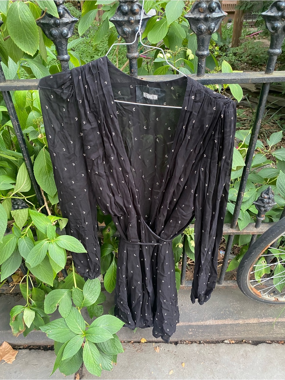 Reformation Black Wrap Dress with Mini White Dot Motif